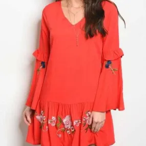 Boho Beauty Embroidered Details Red Dress