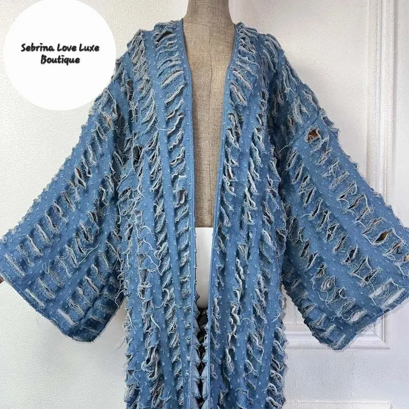 Boho Distressed Shredded Detail Denim Medium Wash Kimono Duster Coat