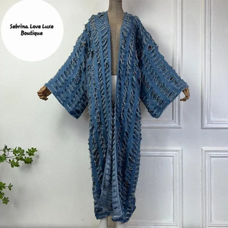 Boho Distressed Shredded Detail Denim Medium Wash Kimono Duster Coat