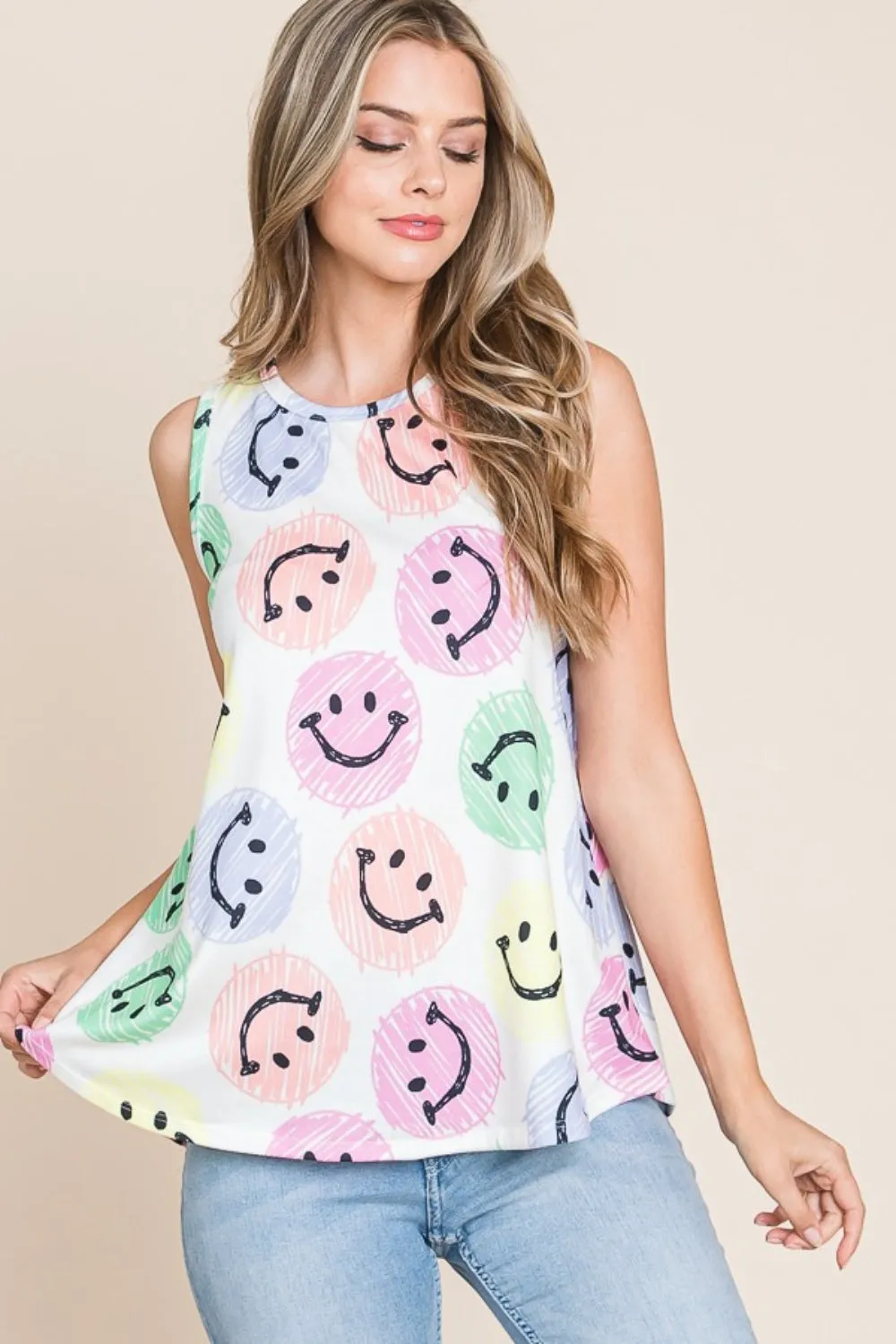 BOMBOM Smiley Face Round Neck Tank