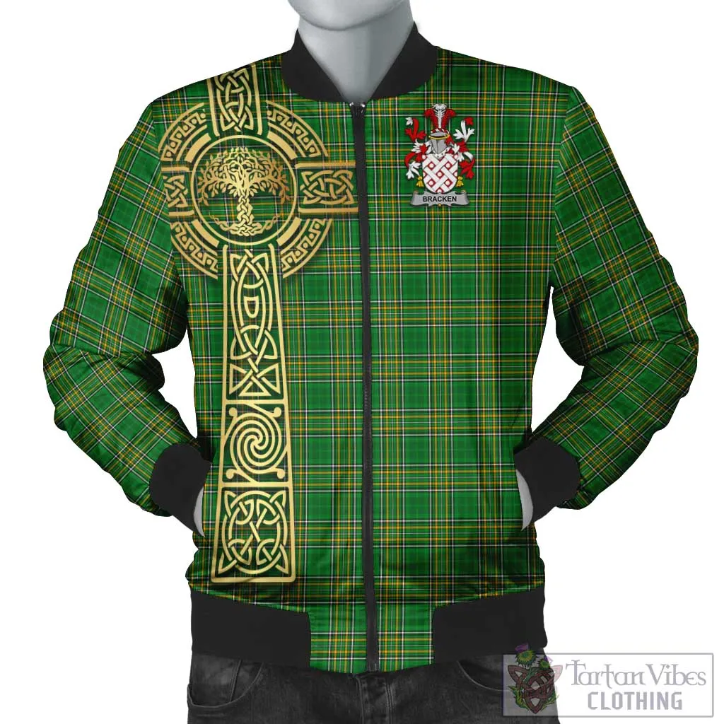 Bracken Irish Clan Tartan Bomber Jacket with Coat of Arms Celtic Tree of Life Style