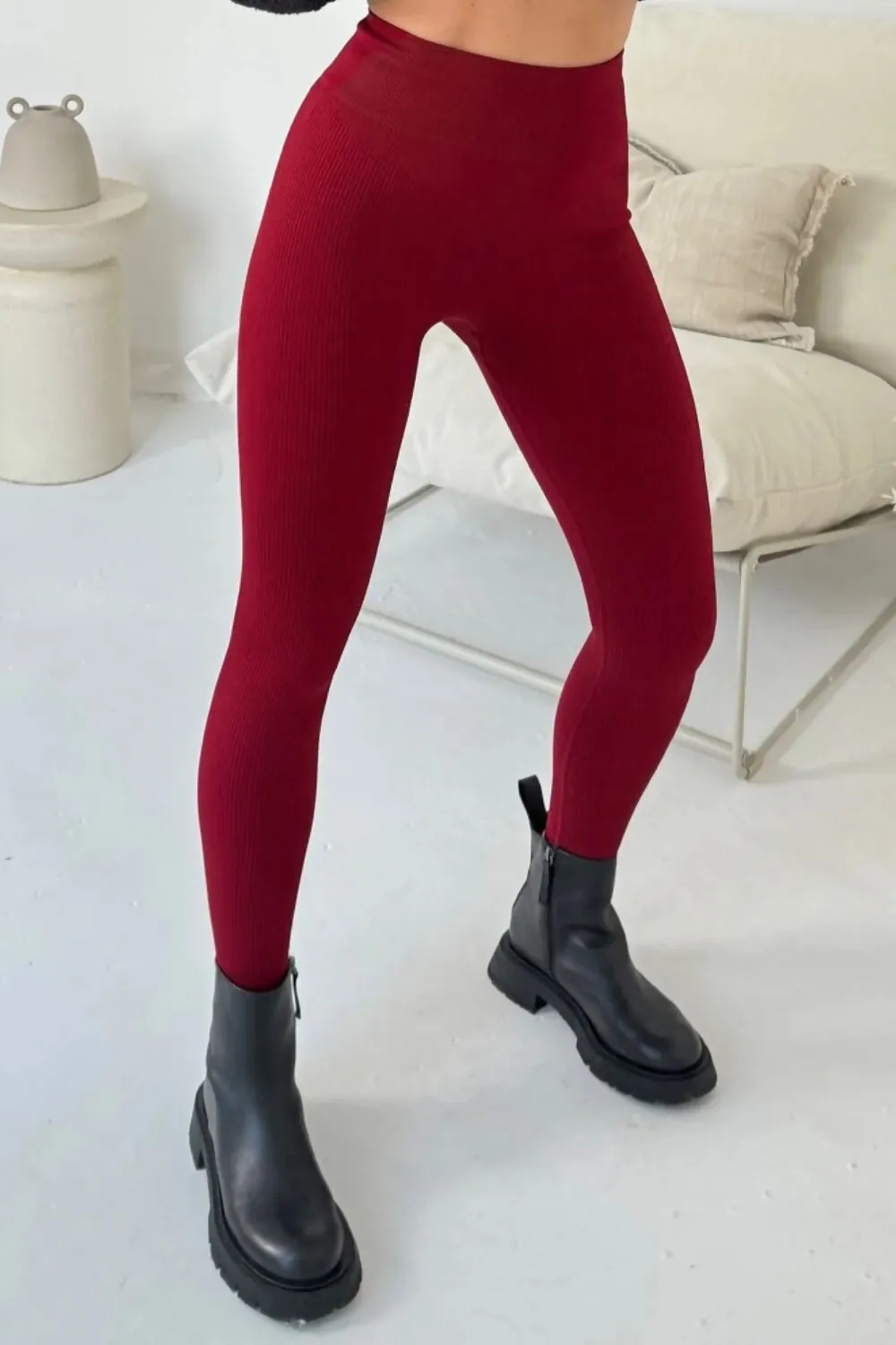 Burgundy Ribbed High Waisted Leggings