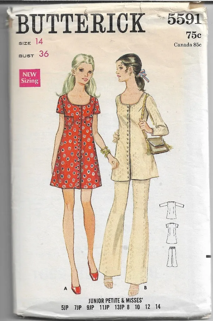 Butterick 5591 Ladies Mini Dress Pants Tunic Vintage Sewing Pattern 1960s