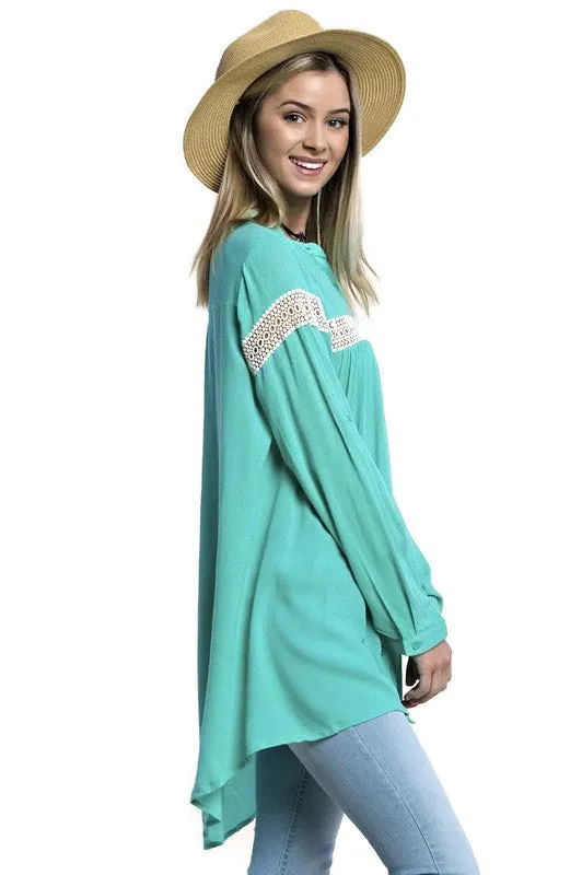 Button Up Lace Trim Tunic, Mint