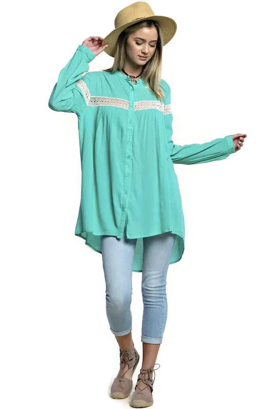 Button Up Lace Trim Tunic, Mint