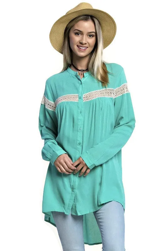 Button Up Lace Trim Tunic, Mint