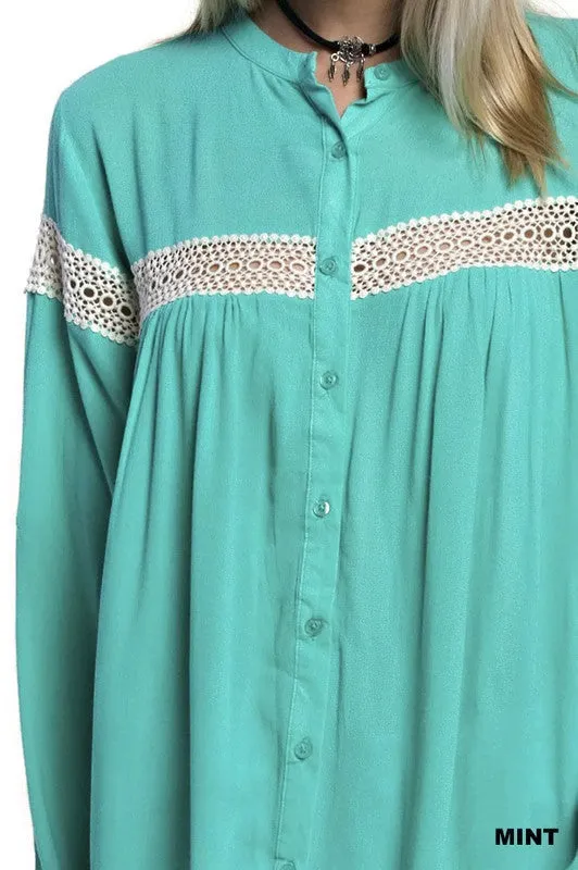 Button Up Lace Trim Tunic, Mint