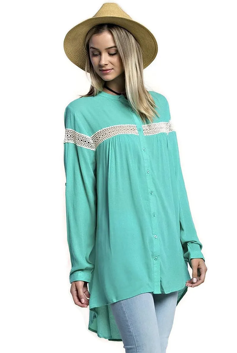 Button Up Lace Trim Tunic, Mint