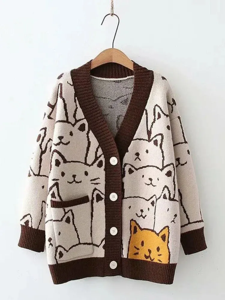 Cartoon Cat knitted cardigans Jumper Autumn Winter Womens Harajuku Sweater coat O-Neck Long Sleeve cardigan