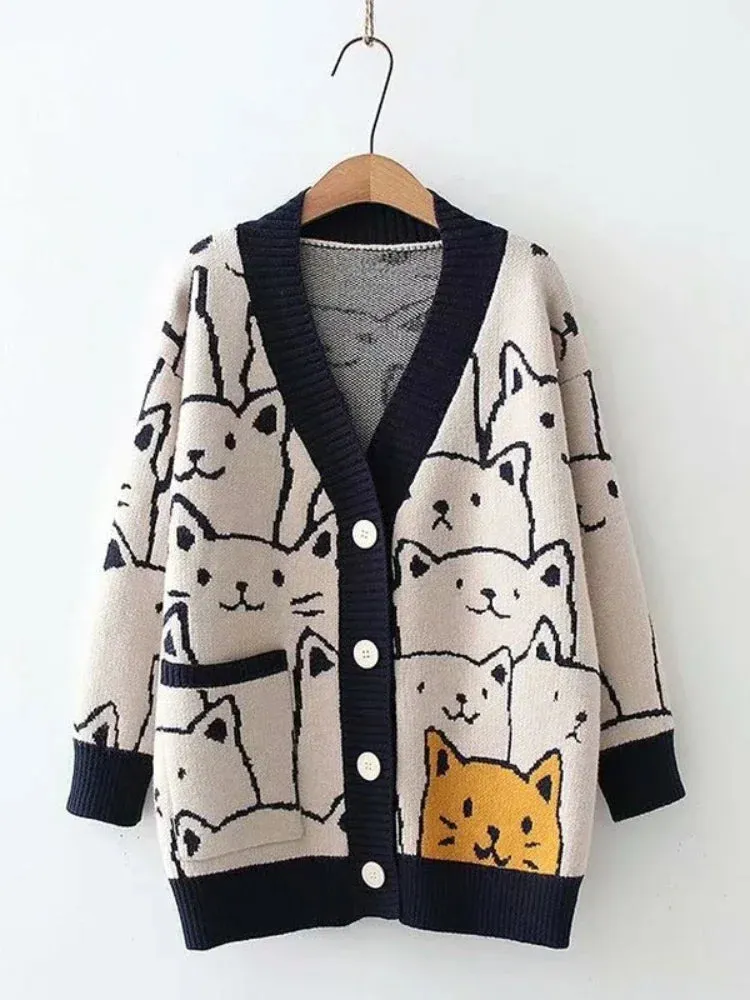 Cartoon Cat knitted cardigans Jumper Autumn Winter Womens Harajuku Sweater coat O-Neck Long Sleeve cardigan