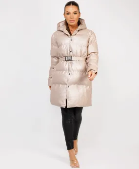 Champagne Vegan Leather Padded Belted Puffer Trench Coat