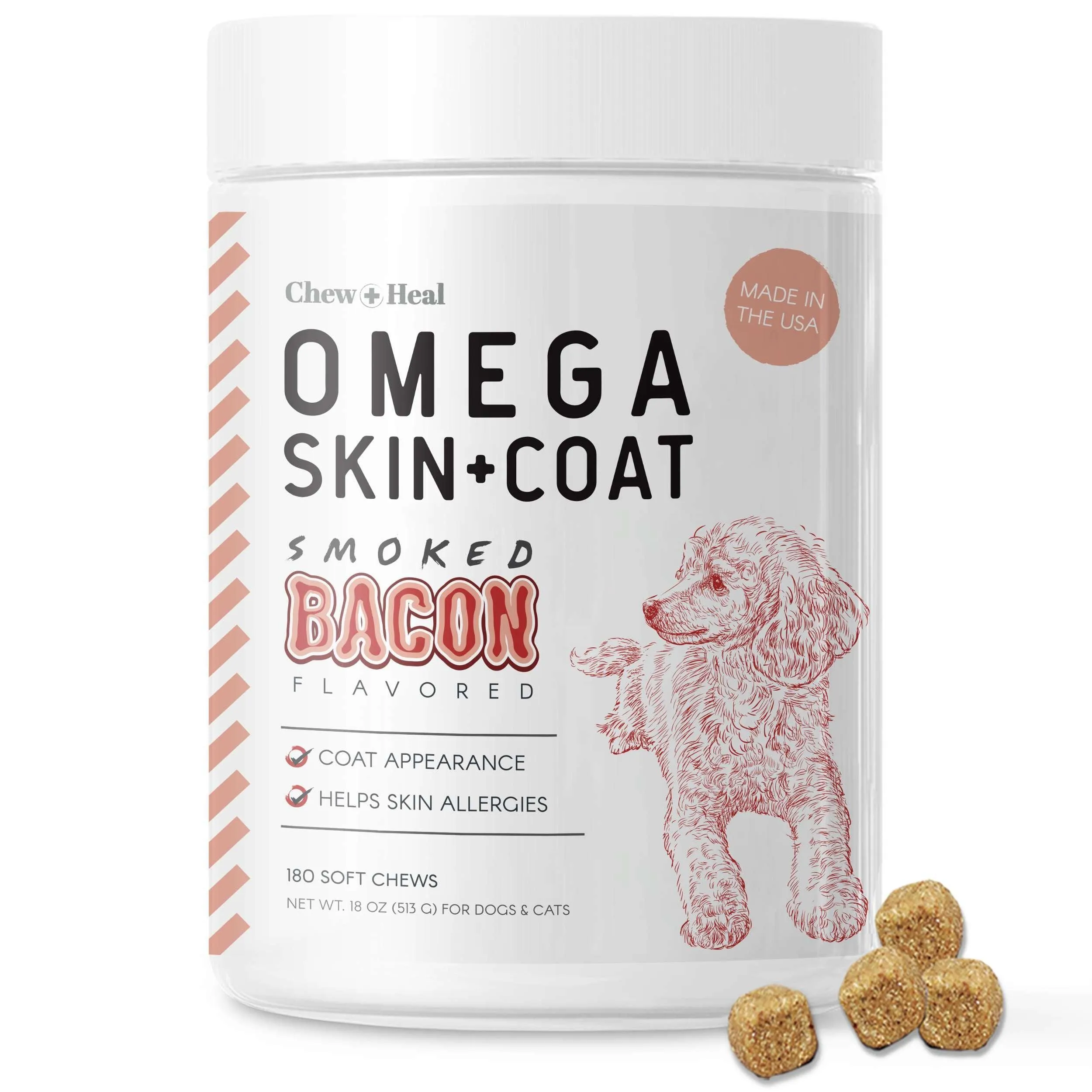 Chew   Heal Omega Skin and Coat for Dogs - 180 Chews - Smoked Bacon Flavor