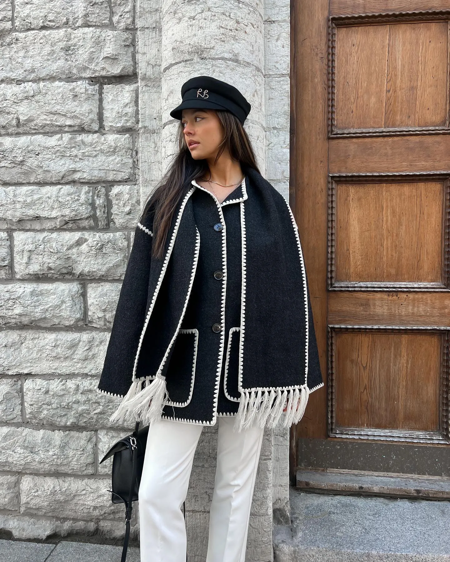 Chic Noir Crochet Elegance: Women's Vintage-Inspired Cozy Coat with O-Neck, Long Sleeves, and Button Detailing