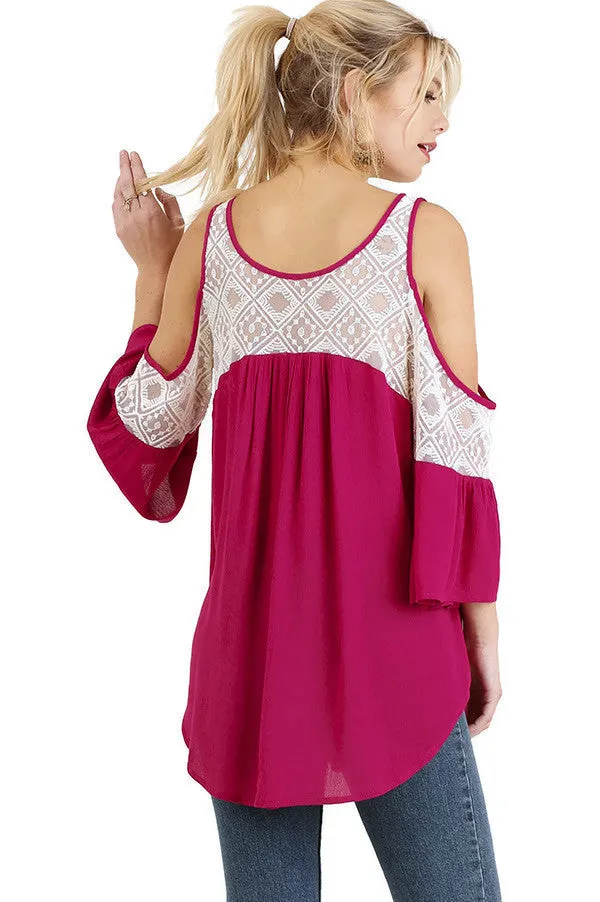 Cold Shoulder Top with Lace Details, Berry