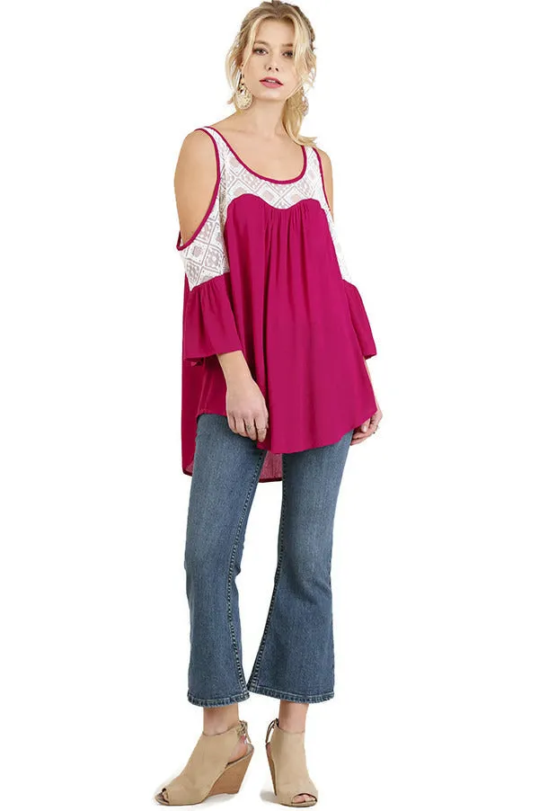 Cold Shoulder Top with Lace Details, Berry