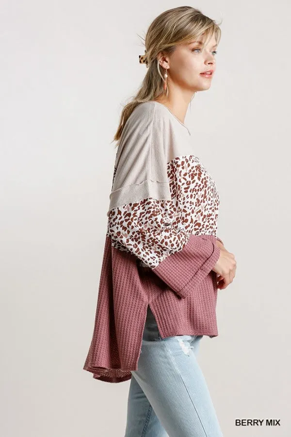 Color Block Waffle Knit Top, Berry