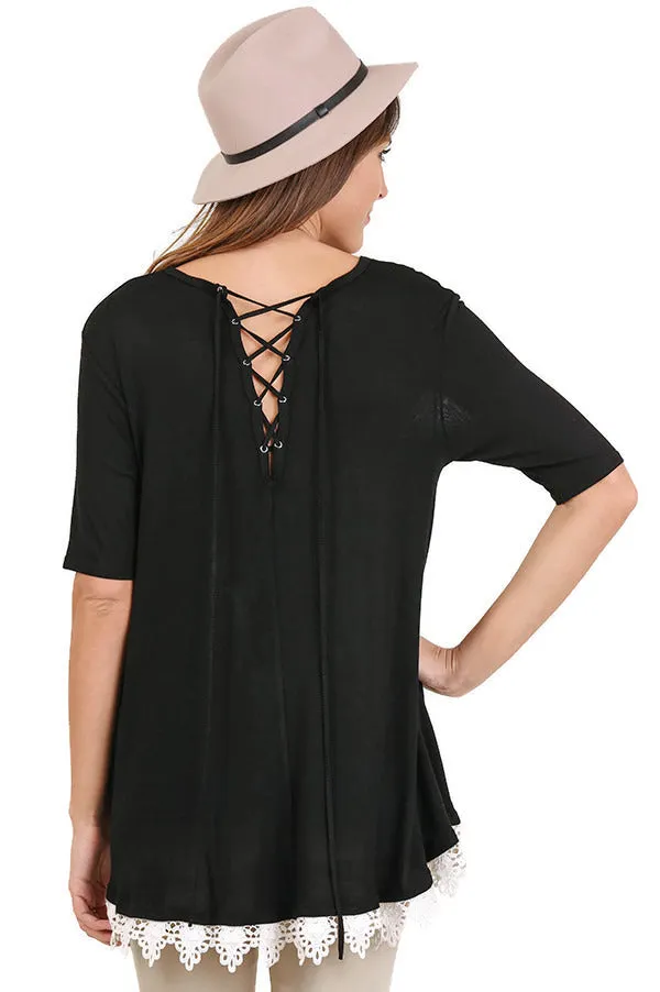 Crochet Lace Up Drawstring Tunic, Black