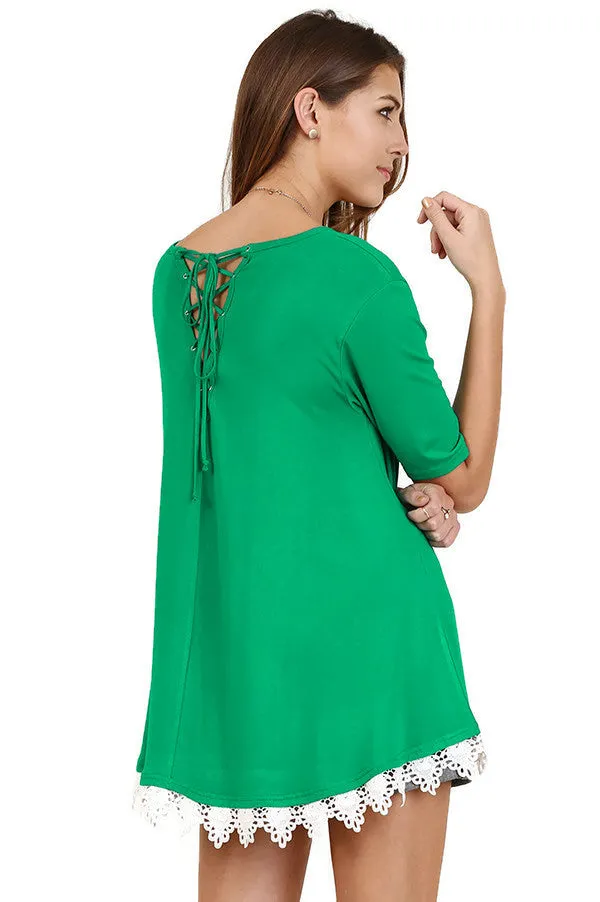 Crochet Lace Up Drawstring Tunic, Green