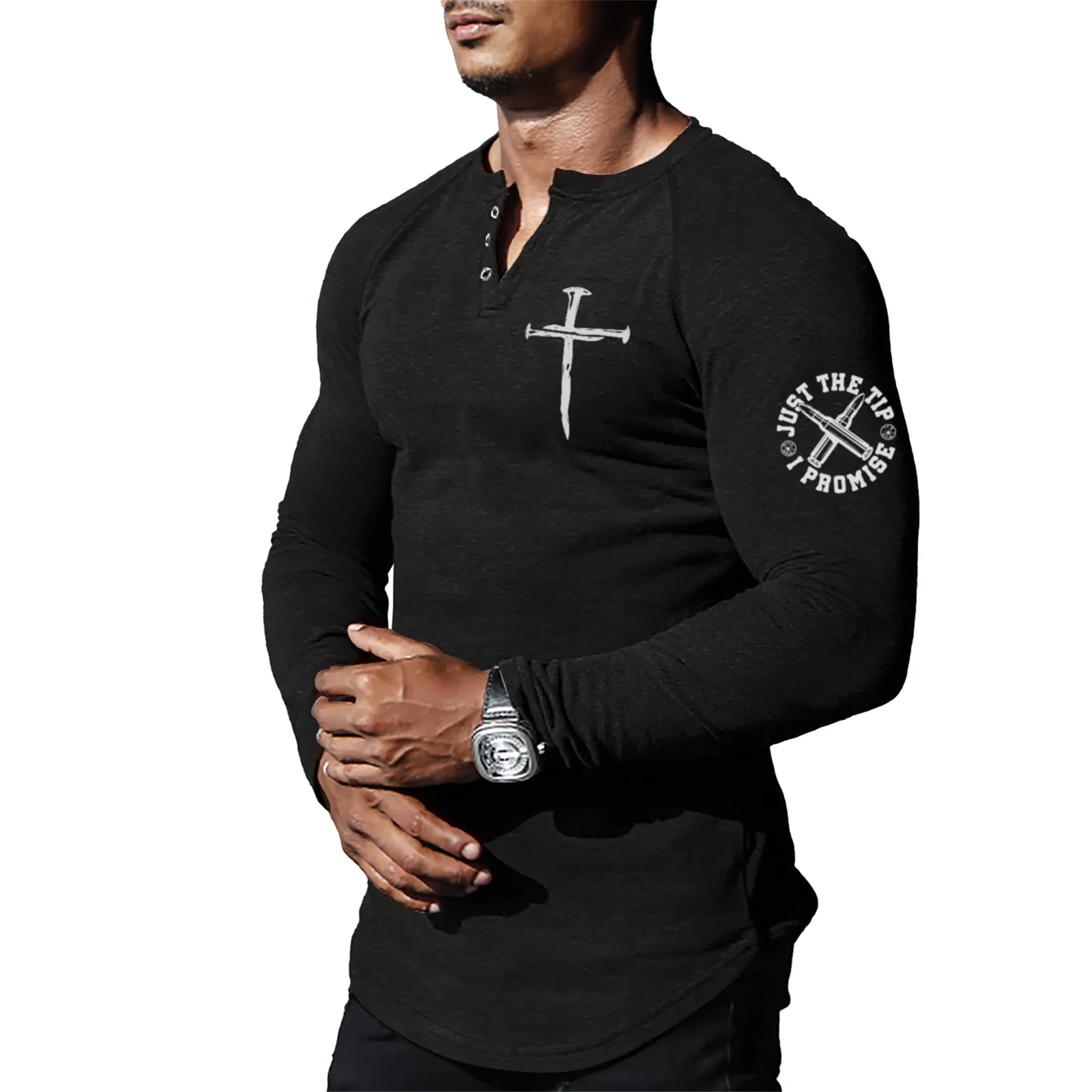 CROSS RAGLAN GRAPHIC LONG SLEEVE HENLEY SHIRT