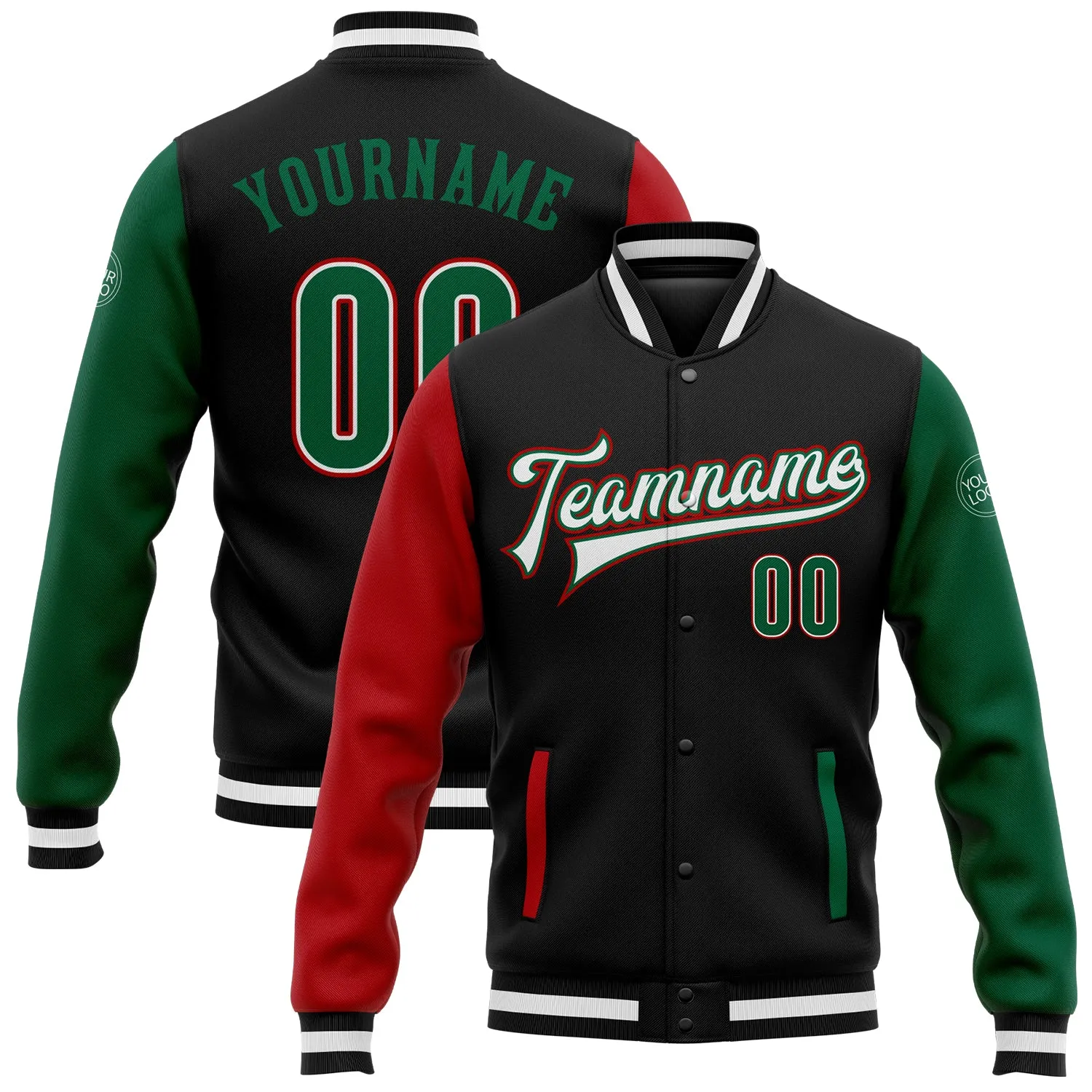 Custom Black Kelly Green-Red Bomber Full-Snap Varsity Letterman Two Tone Jacket