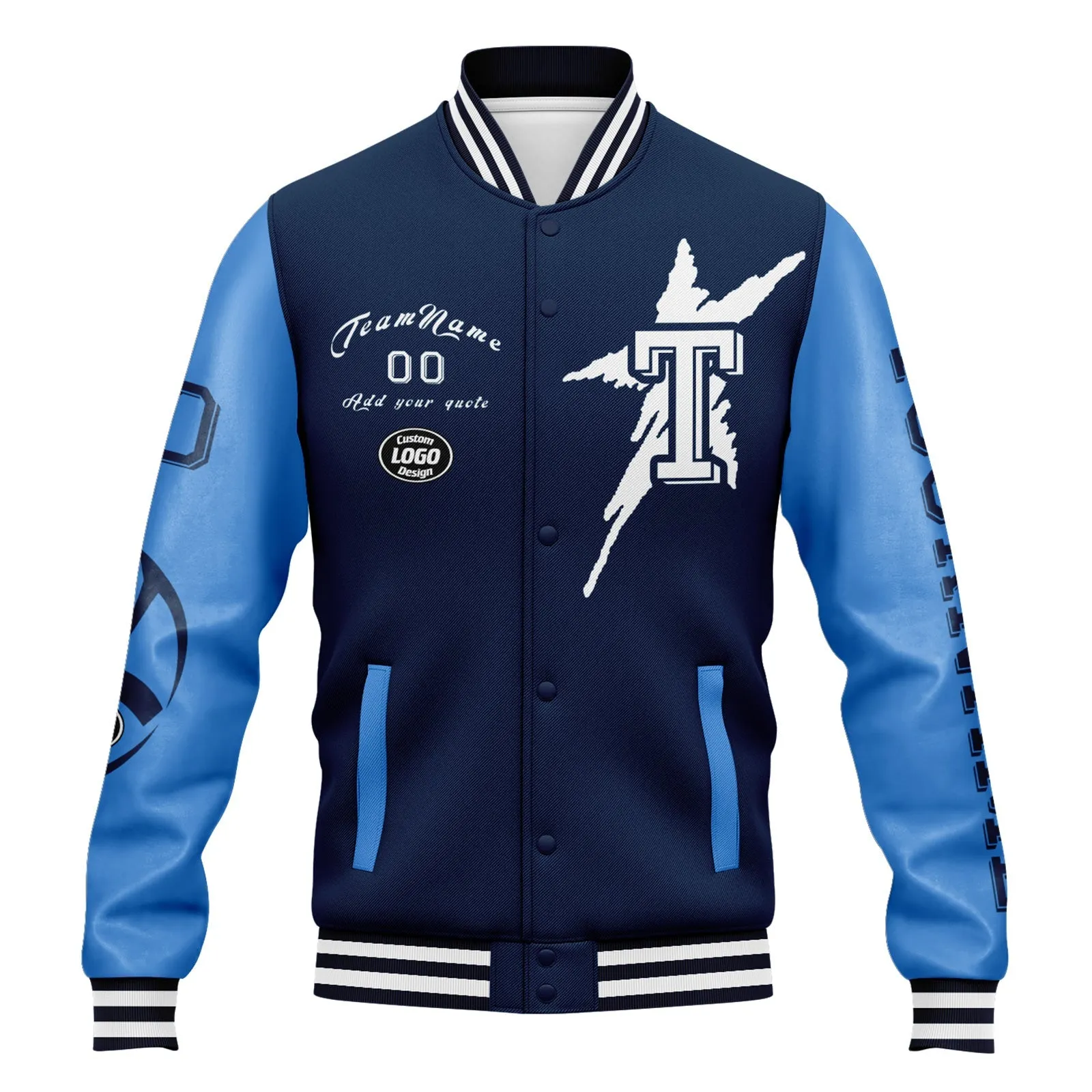 Custom Blue Tennessee Jacket Bomber Full-Snap Varsity Letterman Personalized Jacket FZ005SX-D020290-32