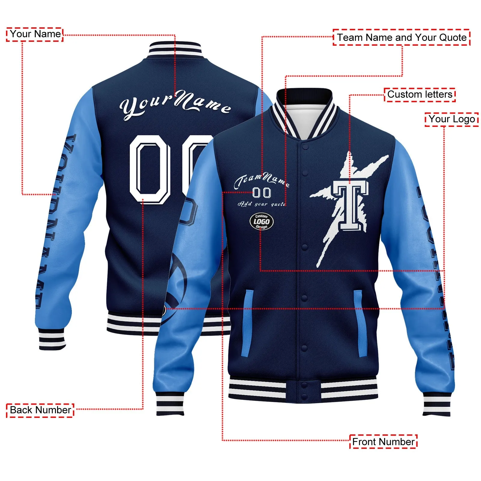 Custom Blue Tennessee Jacket Bomber Full-Snap Varsity Letterman Personalized Jacket FZ005SX-D020290-32