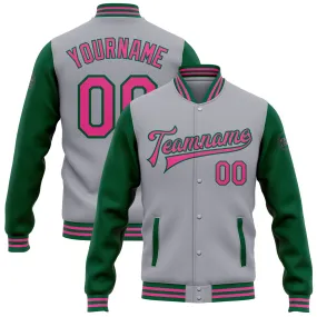 Custom Gray Pink-Kelly Green Bomber Full-Snap Varsity Letterman Two Tone Jacket