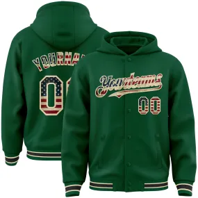 Custom Kelly Green Vintage USA Flag Cream-Black Bomber Full-Snap Varsity Letterman Hoodie Jacket