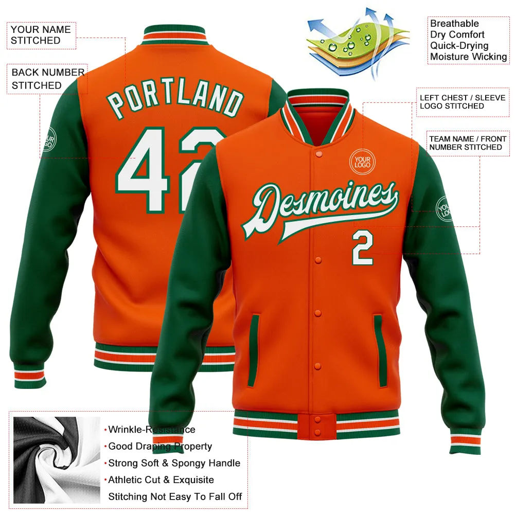 Custom Orange White-Kelly Green Bomber Full-Snap Varsity Letterman Two Tone Jacket