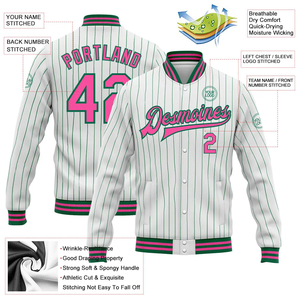 Custom White Kelly Green Pinstripe Pink Bomber Full-Snap Varsity Letterman Jacket