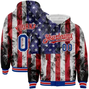 Custom White Royal-Red American Flag Fashion 3D Bomber Full-Snap Varsity Letterman Hoodie Jacket