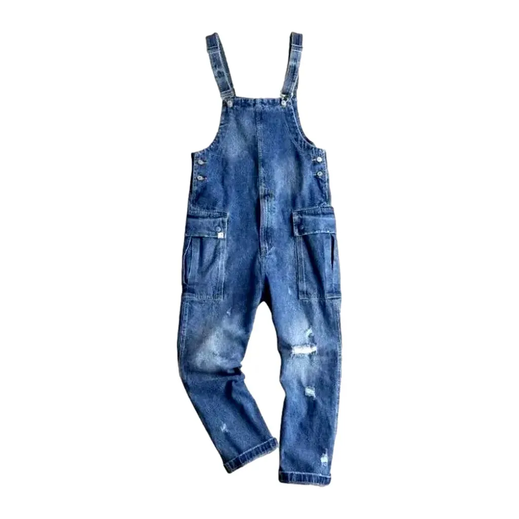 Distressed denim overall for men