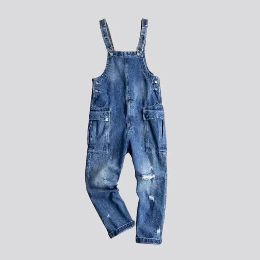 Distressed denim overall for men