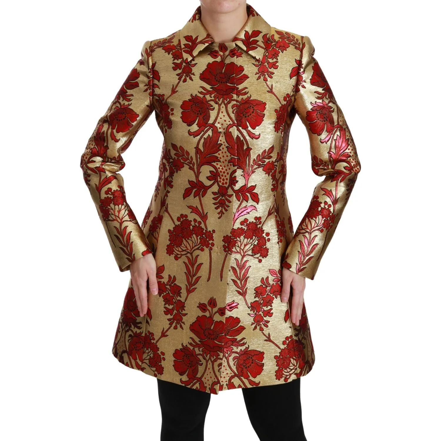 Dolce & Gabbana Elegant Gold Floral Brocade Trench Coat