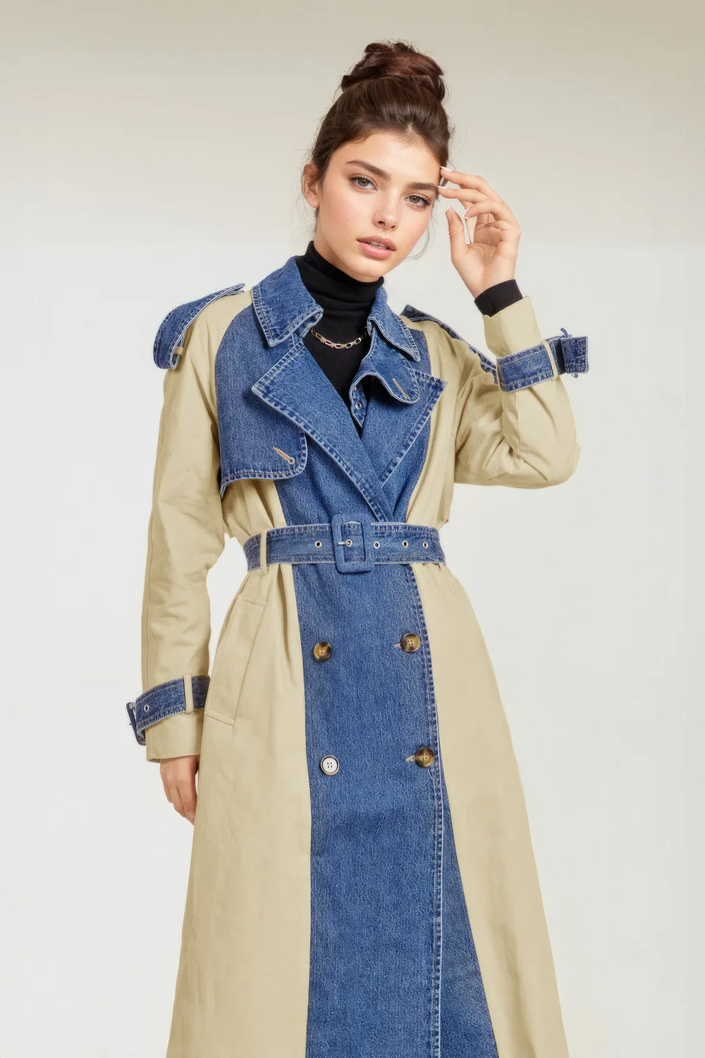 Double Breasted Trenchcoat with Denim Inserts - Brown