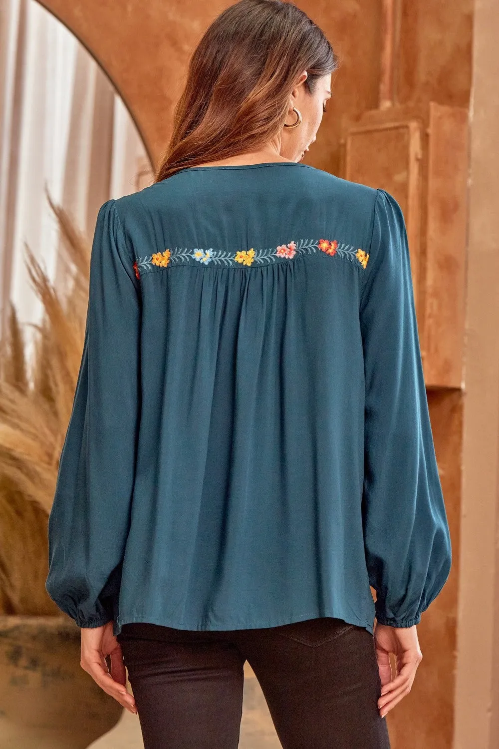 Embroidered Balloon Sleeve Blouse, Teal