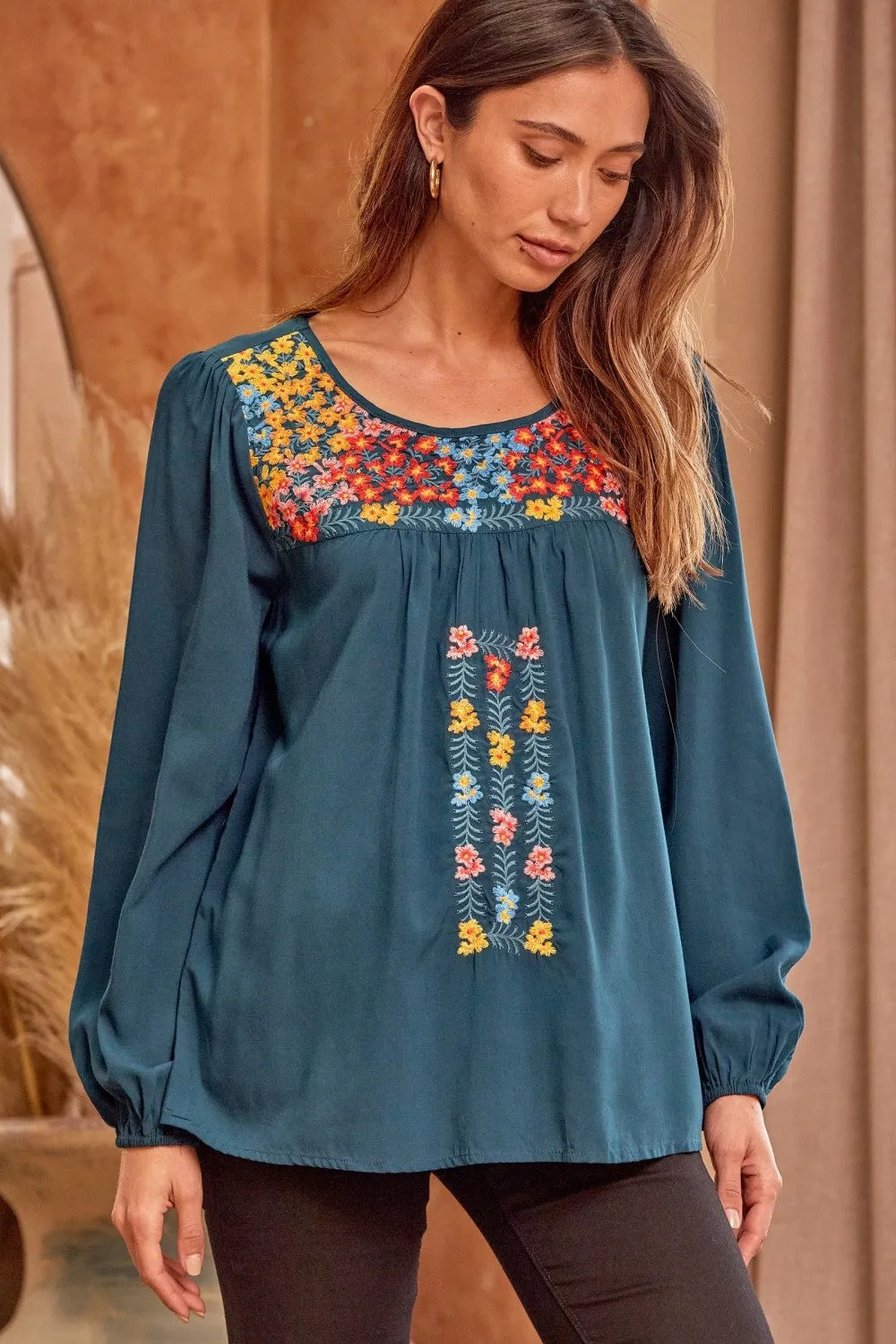 Embroidered Balloon Sleeve Blouse, Teal