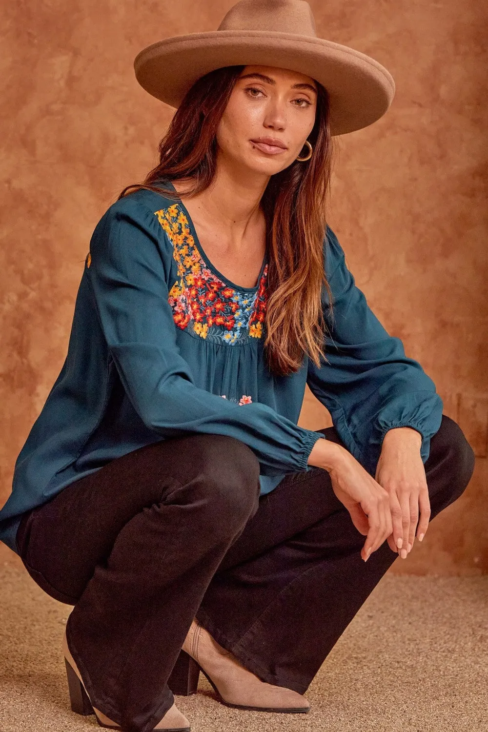 Embroidered Balloon Sleeve Blouse, Teal