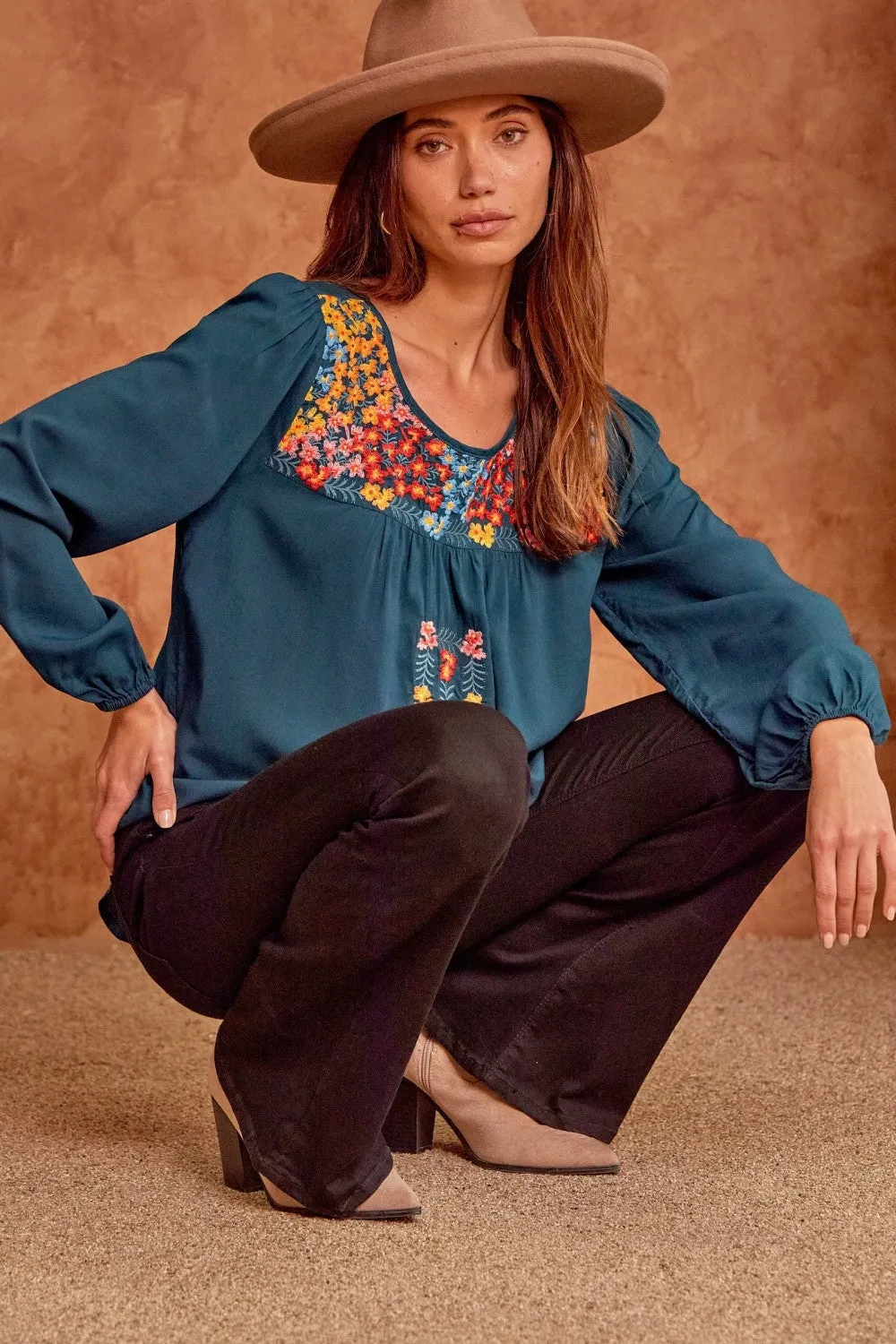 Embroidered Balloon Sleeve Blouse, Teal