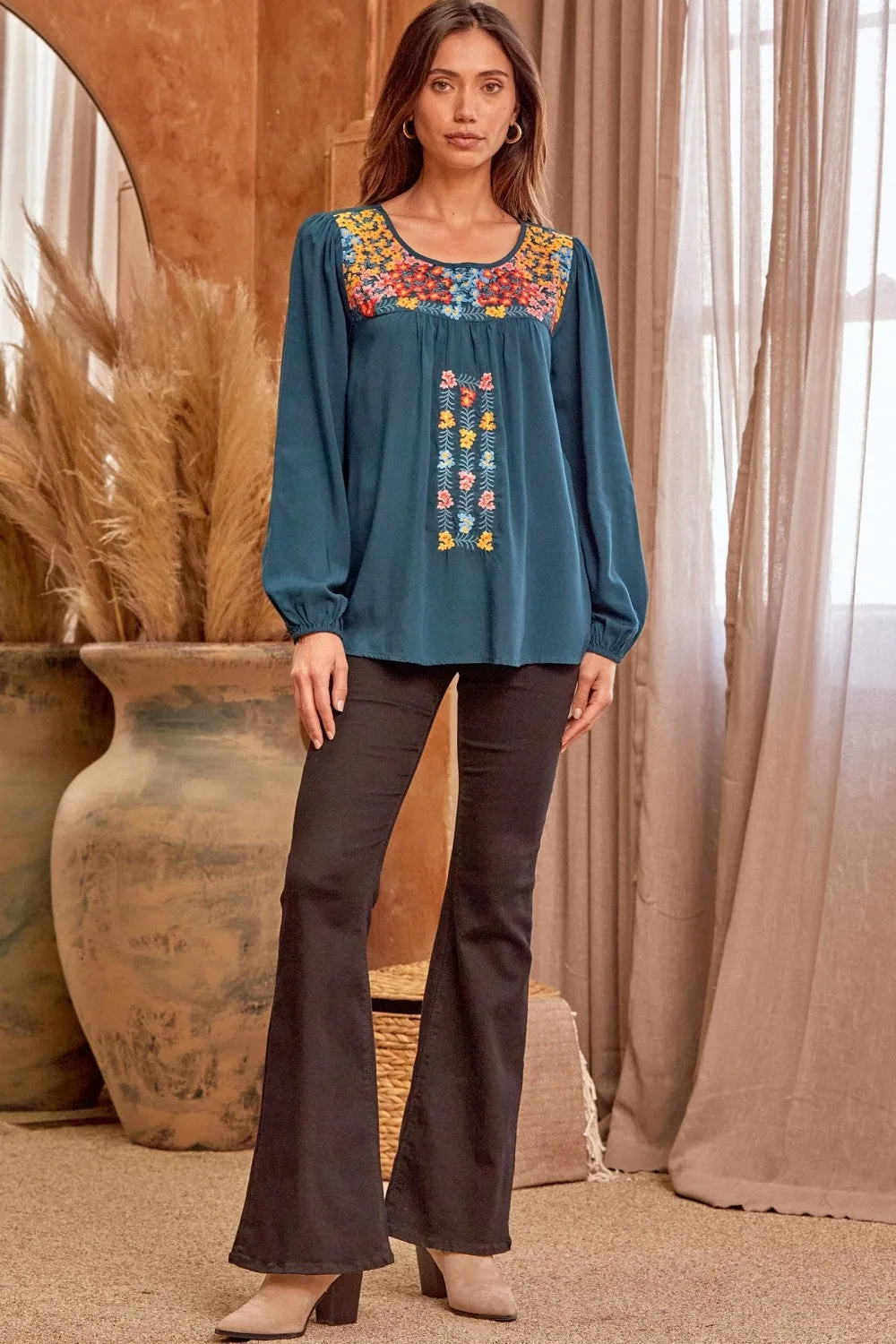 Embroidered Balloon Sleeve Blouse, Teal