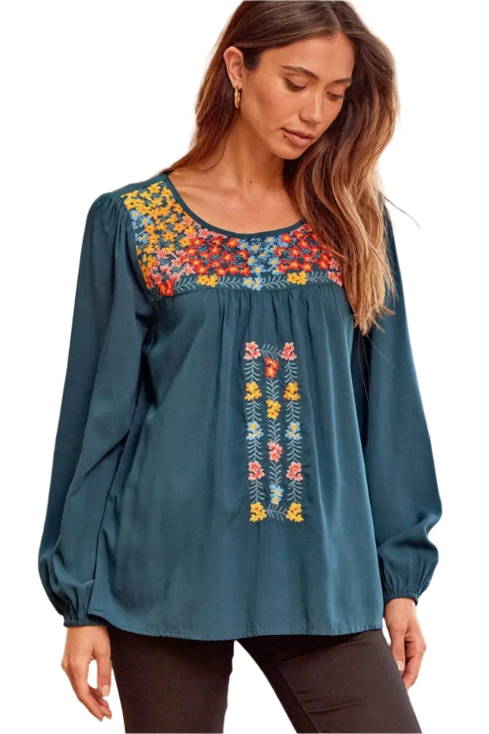 Embroidered Balloon Sleeve Blouse, Teal