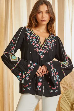 Embroidered Bell Sleeve Blouse, Black