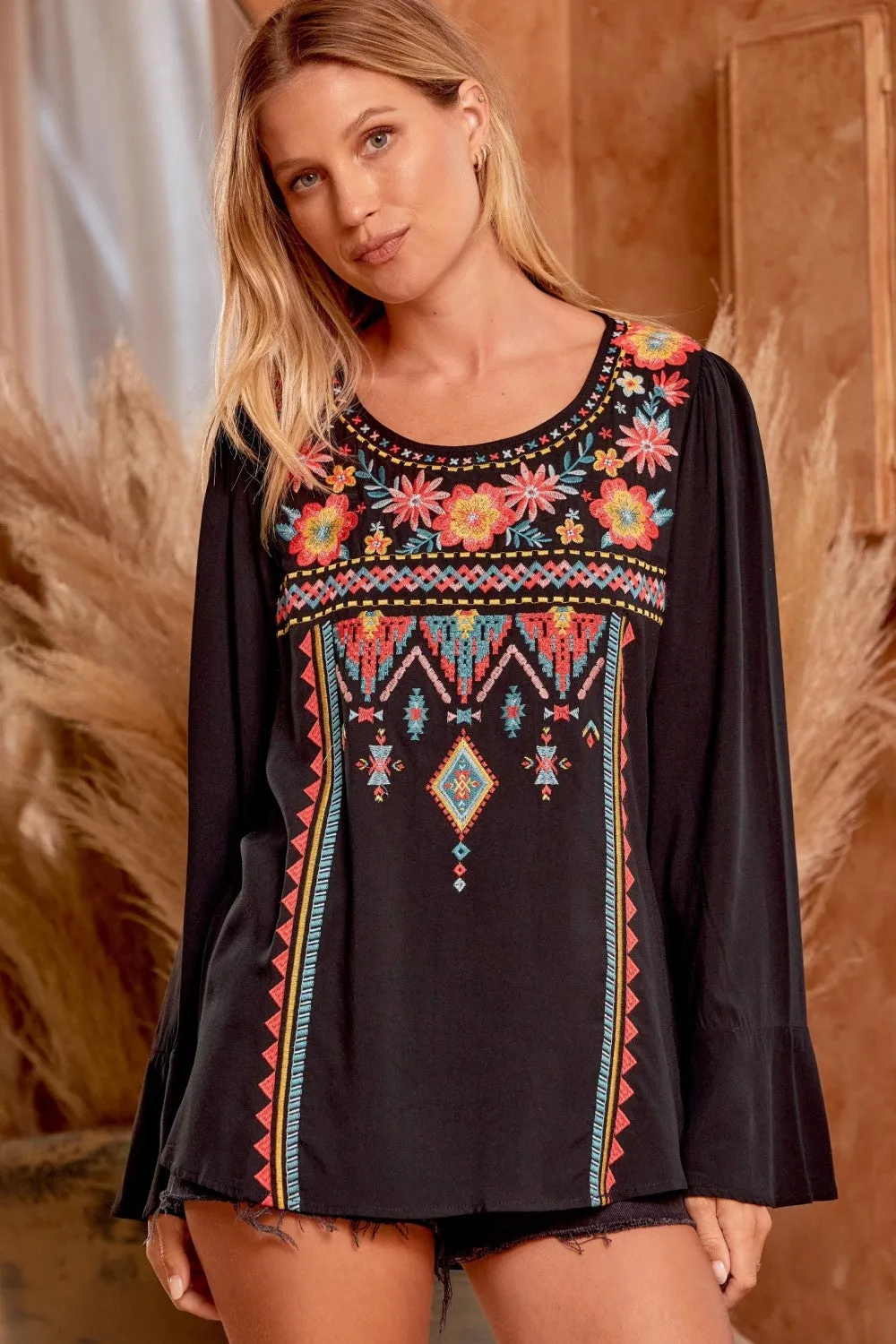 Embroidered Bell Sleeve Top