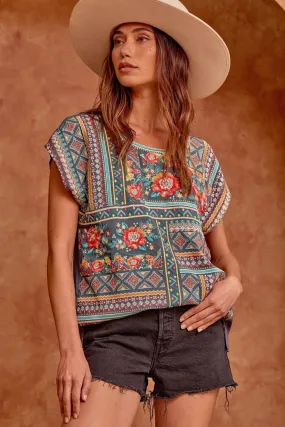 Embroidered Cap Sleeve Top, Blue