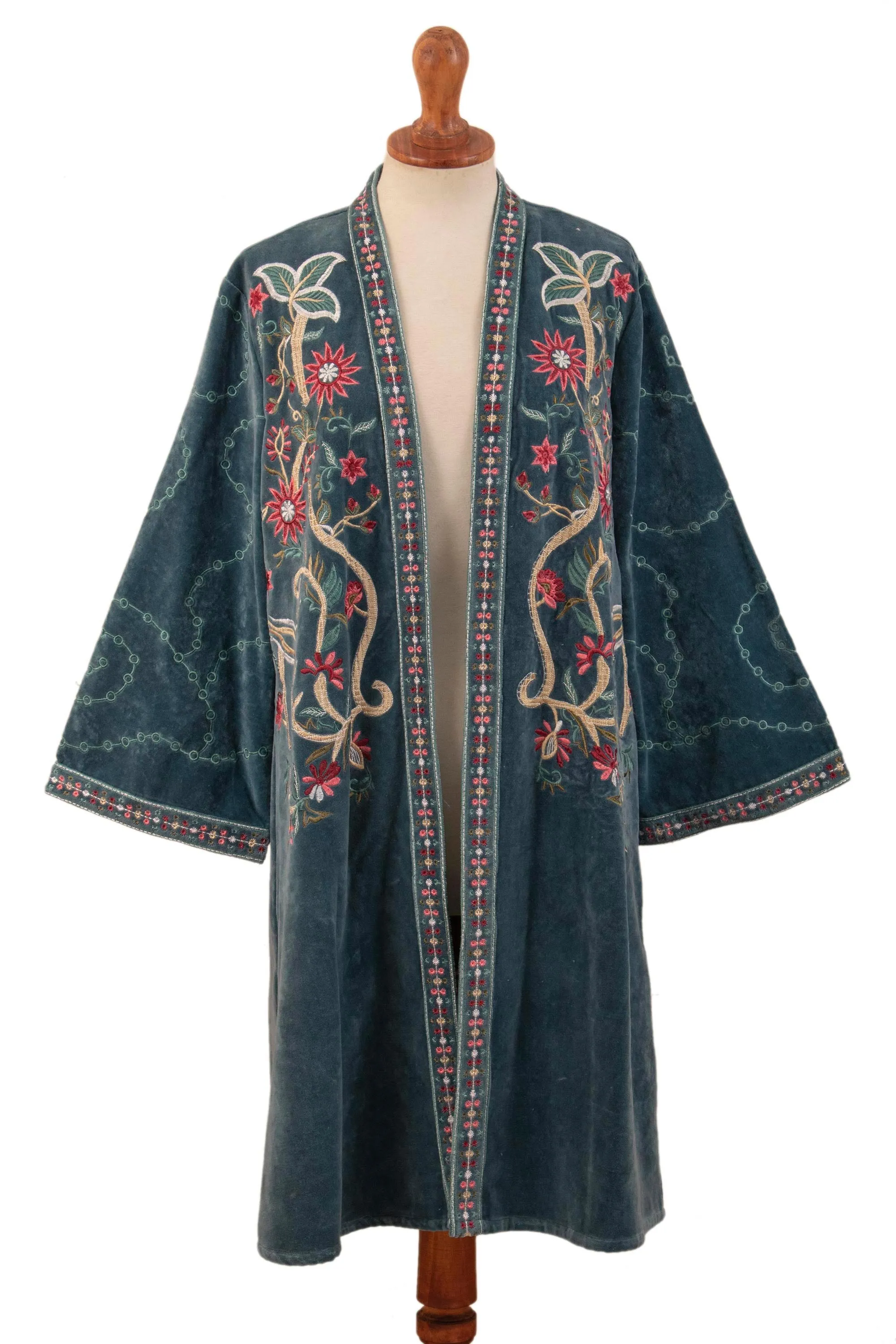 Embroidered Chic Embroidered Long Blue Cotton Velvet Open Front Jacket