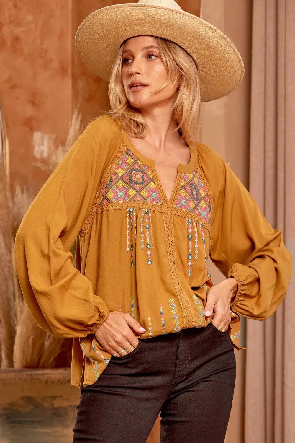 Embroidered Lace Blouse, Mustard