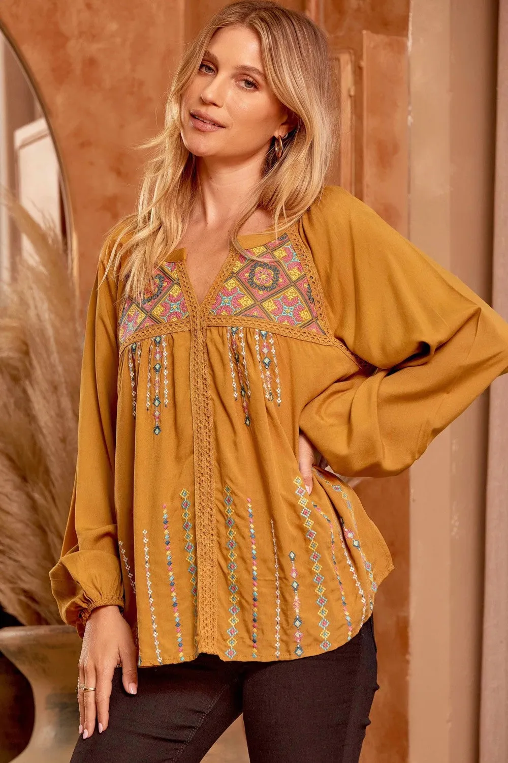 Embroidered Lace Blouse, Mustard