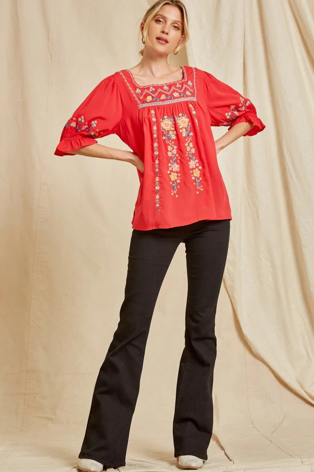 Embroidered Peasant Top, Red