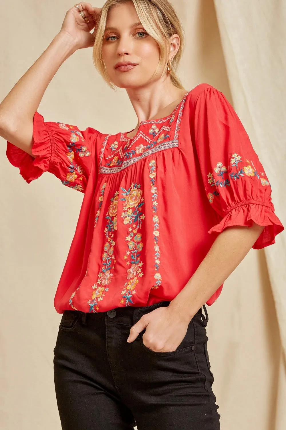 Embroidered Peasant Top, Red