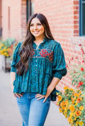 Embroidered Teal Paisley Top